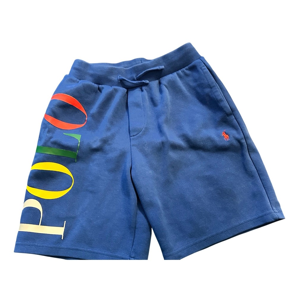Polo Ralph Lauren Boys Blue Multi Logo Sweat Shorts Size M 10-12 Pony Graphic